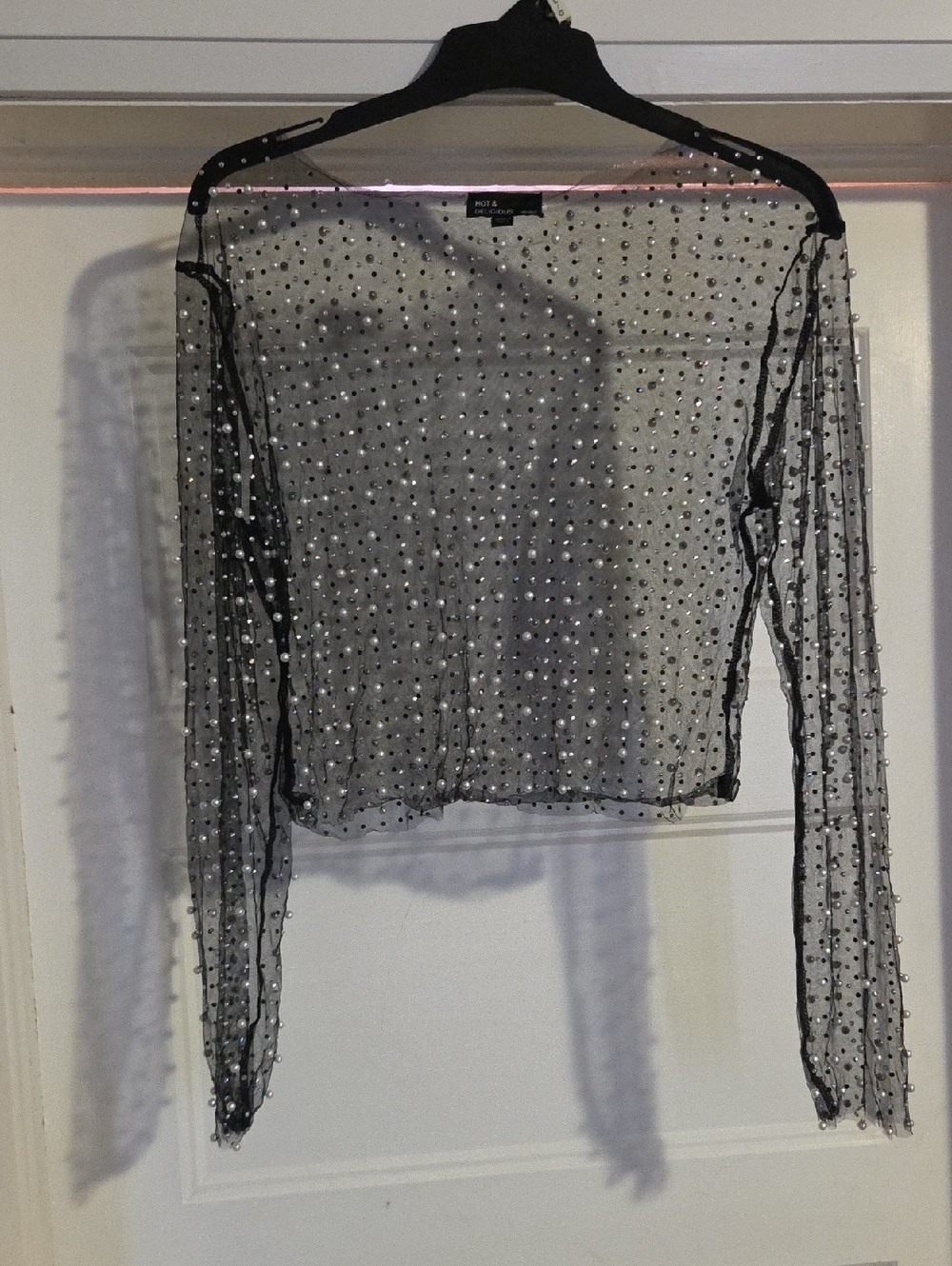 Hot & Delicious Black Sheer Crystal-Studded Long Sleeve Top
